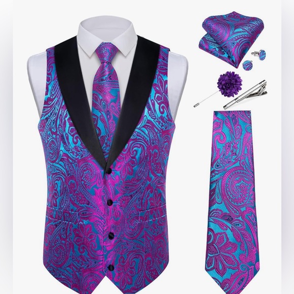 Barry Wang vest & tie set with accessories. Blue/pink. Size XXL Black lapel NWT - Picture 1 of 8